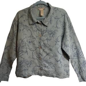 Sweet Jessie 100% Linen Blue Toile Cherub Button Front Jacket Shirt Medium